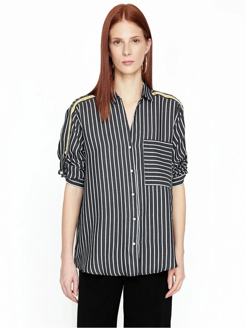 Black and White Vertical Stripe Button-Down Shirt with Yellow Shoulder Trim